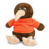 A brown kiwi plush toy wearing an orange shirt, with large eyes and a beige beak, sitting upright.