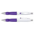 A metal pen with a white barrel and purple accents, featuring a clip and rubber grip. It has a logo on the barrel.