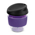A drink bottle featuring a clear body, purple silicone sleeve, and a black lid, with a logo on the surface.