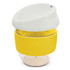 A drink bottle with a clear body, yellow silicone sleeve, and a white lid, featuring a logo.