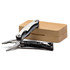 A multi-tool with pliers features a silver and black design, displayed beside a wooden box.