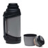 A drink bottle with a grey body and black accents, featuring a removable cup and a handle. It has a logo.