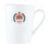 A tall, white bone china mug with a logo featuring a basketball design and decorative elements.