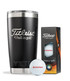 A drink bottle in matte black with a logo, next to a box of Titleist Pro V1 golf balls.