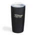 A drink bottle in matte black with a transparent lid and a branding logo on the side.