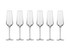 Six clear glass champagne flutes with elegant long stems, displayed in a row against a white background.