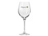 A wine glass in clear glass, featuring a logo, with an elegant stem and a wide bowl for enhanced aroma.