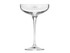 A champagne coupe glass in clear glass with a tall stem and a flared bowl, featuring a logo on the side.