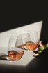 Two clear stemless wine glasses filled with rose wine, accompanied by grapes and almonds, set against a dramatic light backdrop.