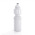 A drink bottle in recycled white plastic, featuring a black nozzle and a textured grip.