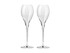 Two clear glass flutes with elegant, elongated stems, presented in a gift box.