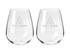 A set of two clear stemless wine glasses, each featuring a simple logo on the front.