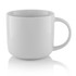 A white coffee mug with a simple design and a handle, featuring a smooth finish and a glossy surface.