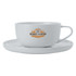 A white high rim cup with a matching saucer, featuring a logo on the cup.