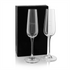 A twin pack of elegant glass flutes, clear glass with tall stems, presented in a black gift box.