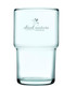 A drink bottle made of clear recycled glass, featuring a slight taper and a logo. A drink bottle made of clear recycled glass, featuring a slight taper and a logo.