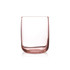 A glass tumbler in a soft pink hue, featuring a smooth, curved design and a clear finish.