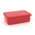 A red lunch box with a sealed lid, featuring a smooth surface and rectangular shape.