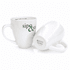A white ceramic mug with a curved handle, featuring a logo and a glossy finish, on a plain background.