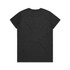 A dark grey t-shirt with short sleeves and a plain back, featuring a logo on the lower side.