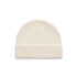 A cream beanie with a ribbed texture and a rolled cuff, featuring a logo on the side.