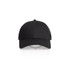 A black trucker cap with mesh panels and a solid front, featuring a logo on the front panel.