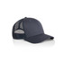 A dark navy trucker cap featuring a mesh back and a solid front panel, styled with a curved brim and a logo.
