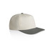 A two-tone cap featuring a cream crown and a grey peak, with a logo on the front.