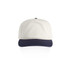A two-tone cap featuring a white crown and a navy blue peak, complete with a logo on the front.