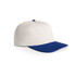 A two-tone cap featuring a white upper and a blue peak, with a button on top and a logo.