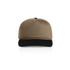 A two-tone cap featuring a brown upper and black brim, with a logo on the front.
