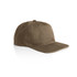 A brown cap with a flat brim and a solid fabric body, featuring a logo on the front.