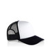 A two-tone trucker cap featuring a white front panel and black mesh sides and brim. Includes a logo on the front.