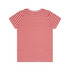 A red and white striped T-shirt featuring a crew neck and short sleeves, with a logo at the back.