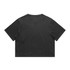 A cropped black t-shirt with short sleeves and a simple design, featuring a logo on the back.