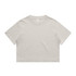 A light beige cropped t-shirt featuring short sleeves and a round neckline. The shirt has a simple design and a logo.
