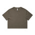An olive green heavy faded crop tee with a round neckline and short sleeves, featuring a logo.