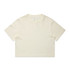 A cream-coloured cropped t-shirt with short sleeves and a round neckline. It has a logo on one side.
