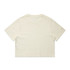 A cream-coloured cropped t-shirt with short sleeves and a plain back, featuring a logo.