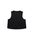 A black crop tank top with a sleeveless design and a round neckline, featuring a branding logo.
