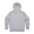 A grey hoodie featuring a hood, long sleeves, and a plain back design. It has a logo on the back.