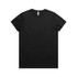 A black T-shirt with a round neckline and short sleeves, featuring a branding logo.