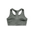 A grey sports crop top with a racerback design and a simple, streamlined appearance. It features branding on the material.