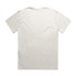 A plain white T-shirt with short sleeves, featuring a simple design and a logo on the back.