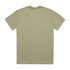 A t-shirt in a faded olive green colour, featuring a simple design and a logo on the back.