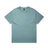 A short-sleeved, faded teal T-shirt with a round neck and a small logo on the label.