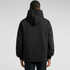 A black hooded jumper with a relaxed fit, featuring a hood and long sleeves, seen from the back.