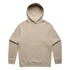 A beige hoodie featuring a front pocket and a hood, with a small logo on it.