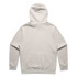 A faded grey hoodie with a large hood and long sleeves, featuring a minimalist design and a logo.