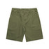 Olive green canvas shorts with a relaxed fit, featuring multiple pockets and an elastic waistband. Includes branding.